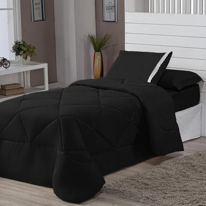 Kit Edredom Solteiro Dupla Face + Lençol 4 Pçs Preto Cinza