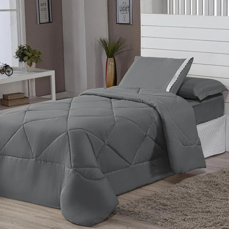 Kit Edredom Solteiro Dupla Face + Lençol 4 Pçs Preto Cinza