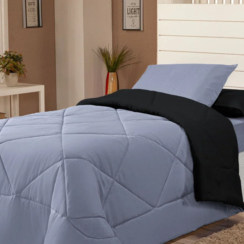 Kit Edredom Solteiro Dupla Face + Lençol 4 Pçs Preto Cinza