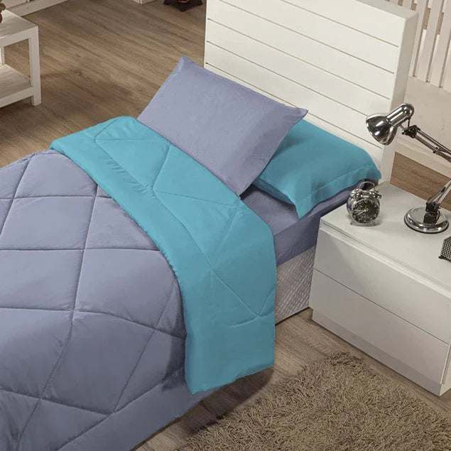 Kit Edredom Solteiro Dupla Face + Lençol 4 Pçs Preto Cinza